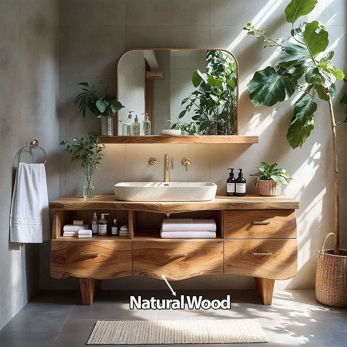 Curved Solid Wood Vanity with Legs – Japandi Spa Bathroom Console - Rustira