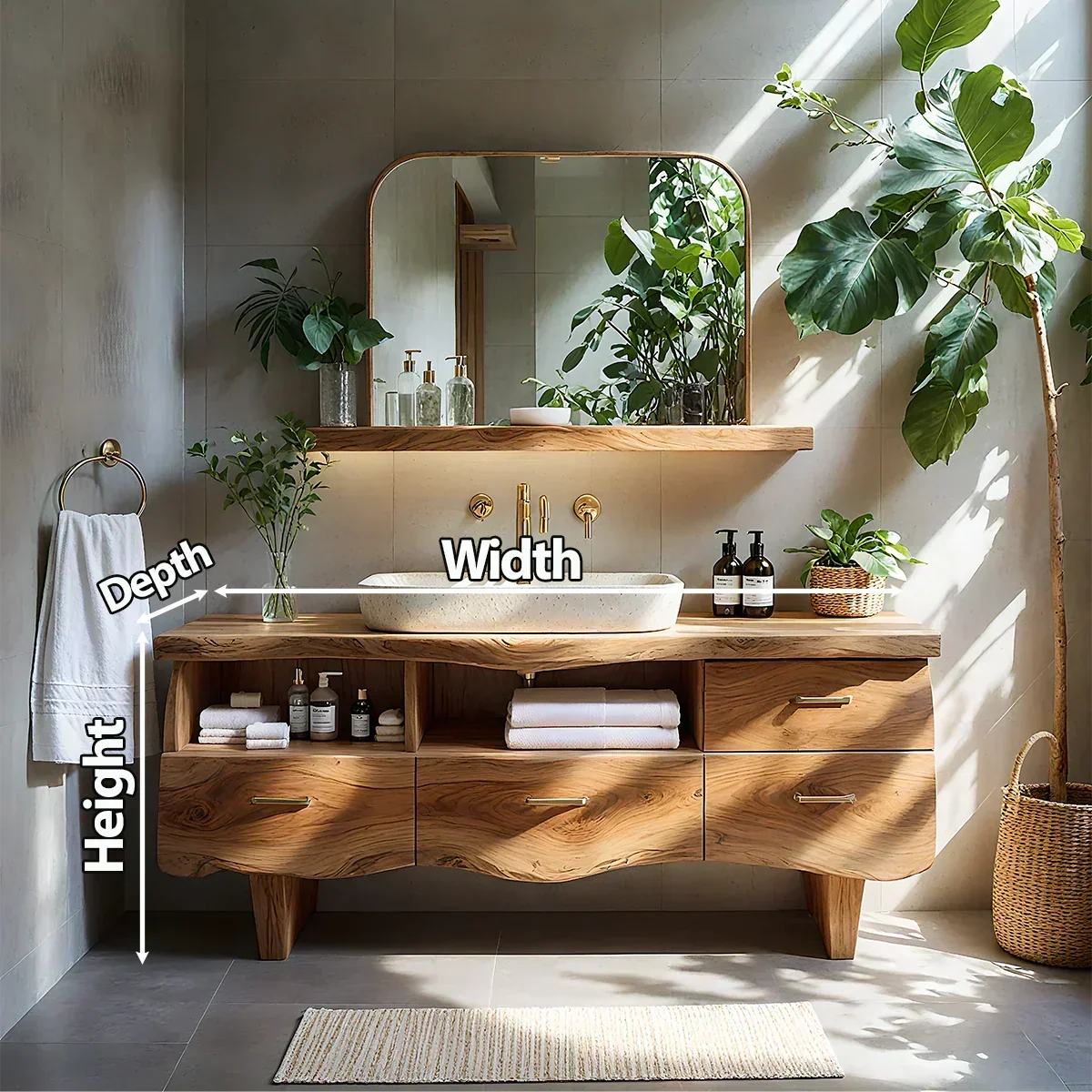 Curved Solid Wood Vanity with Legs – Japandi Spa Bathroom Console - Rustira