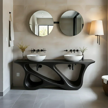 Double Sink Solid Walnut Vanity with Sculptural Flow Design - Rustira