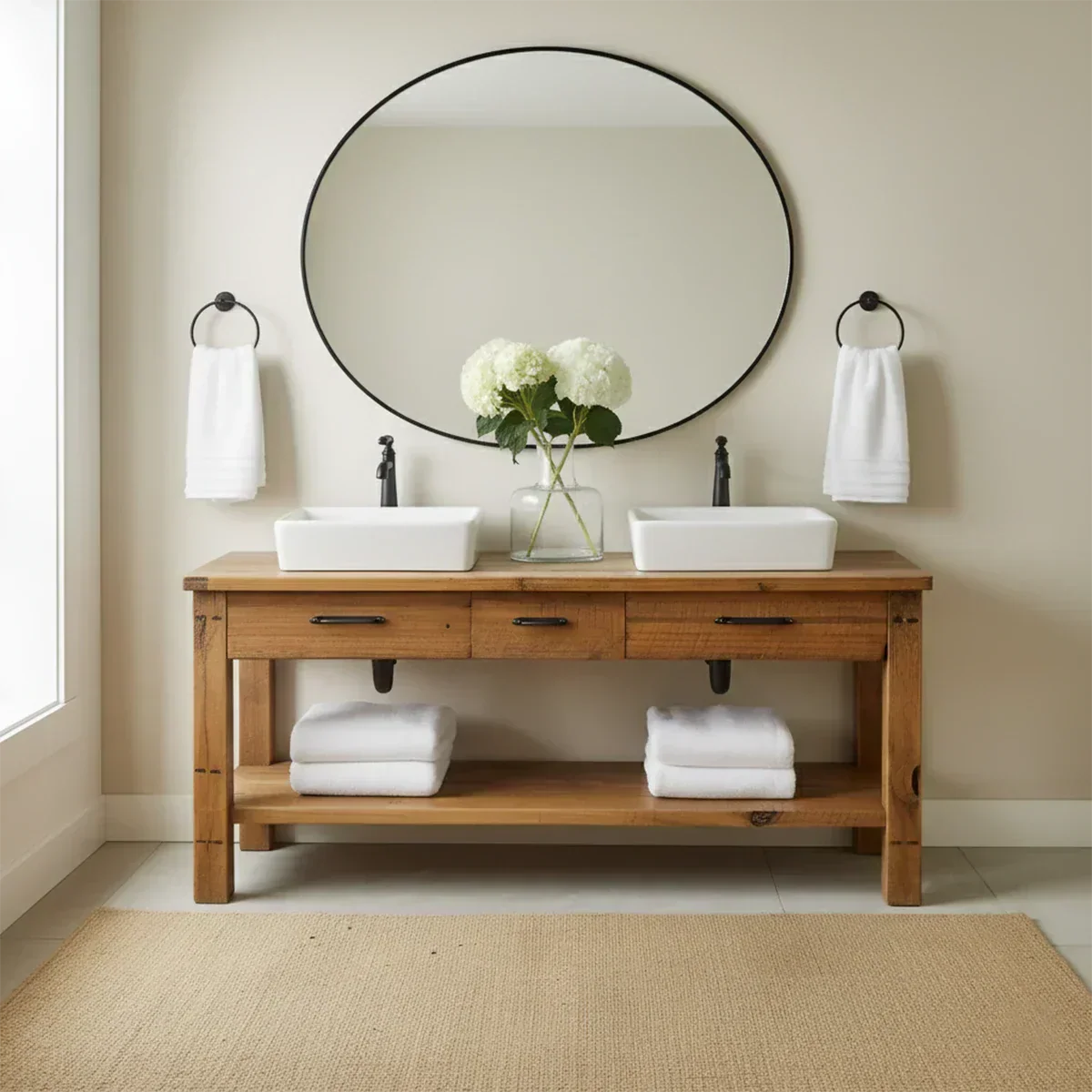 Double Sink Solid Wood Bathroom Vanity – Rustic Farmhouse Handcrafted Cabinet - Rustira