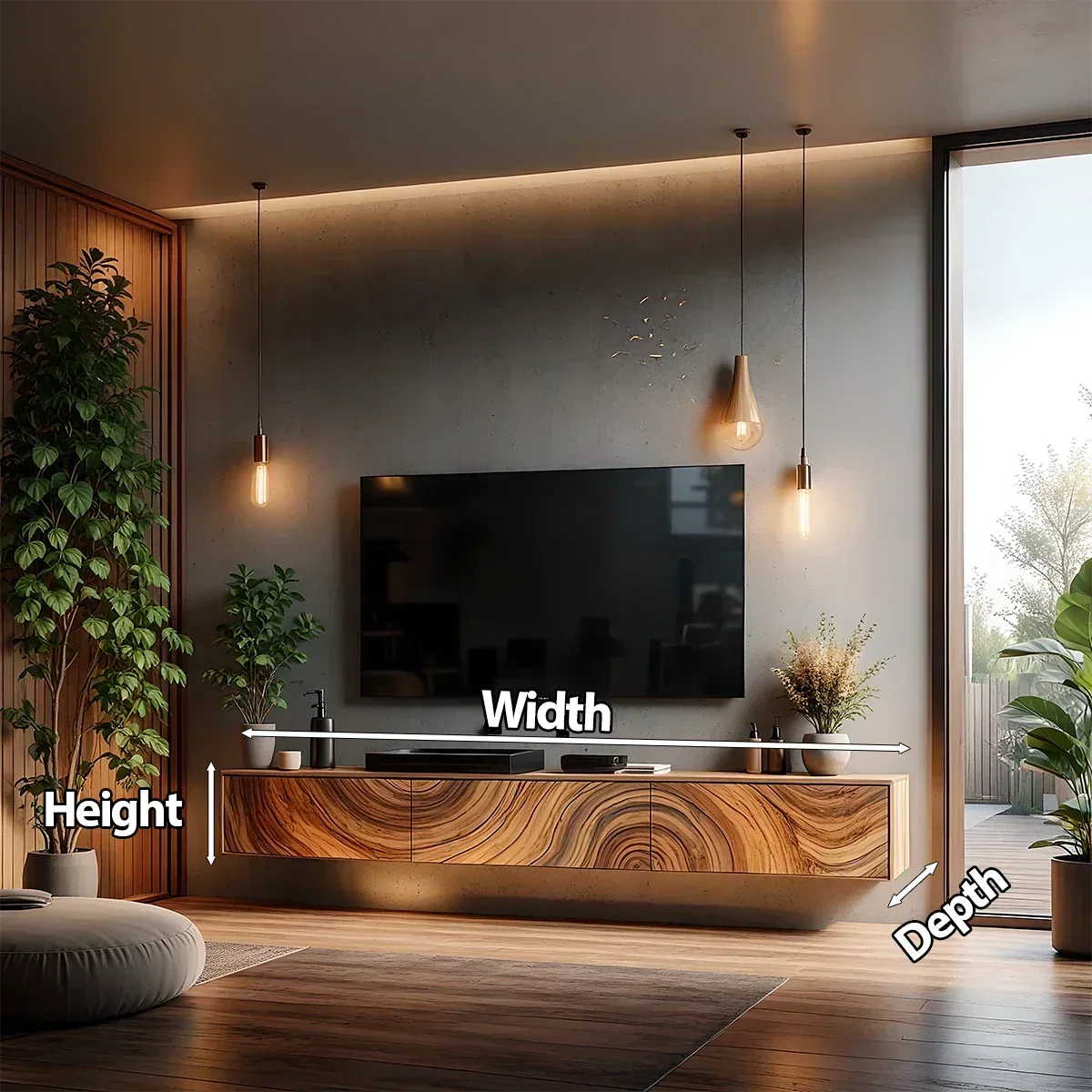 Floating Solid Wood TV Console with Artistic Grain & Soft Edge Design - Rustira
