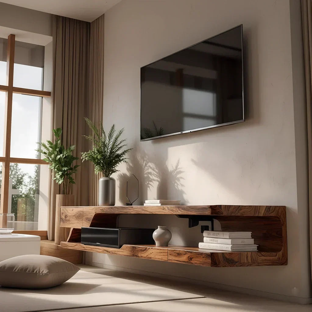 Floating Solid Wood TV Stand – Minimal Organic Modern Wall-Mounted Console - Rustira