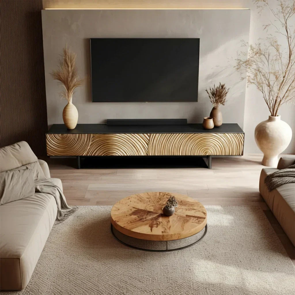 Golden Spiral-Carved Solid Wood TV Stand – Luxury Organic Console - Rustira