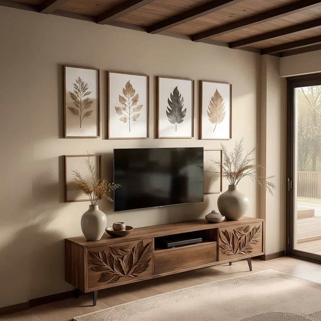 Hand-Carved Leaf Solid Wood TV Stand – Botanical Media Console - Rustira