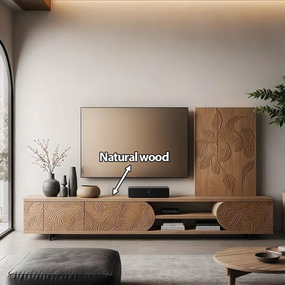 Hand-Carved Solid Wood TV Console with Organic Floral Pattern - Rustira