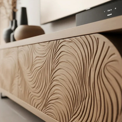 Hand-Carved Solid Wood TV Console with Organic Floral Pattern - Rustira