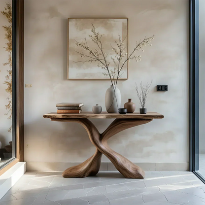 Hand-Carved X-Base Solid Wood Console Table — Organic Modern Art Furniture - Rustira