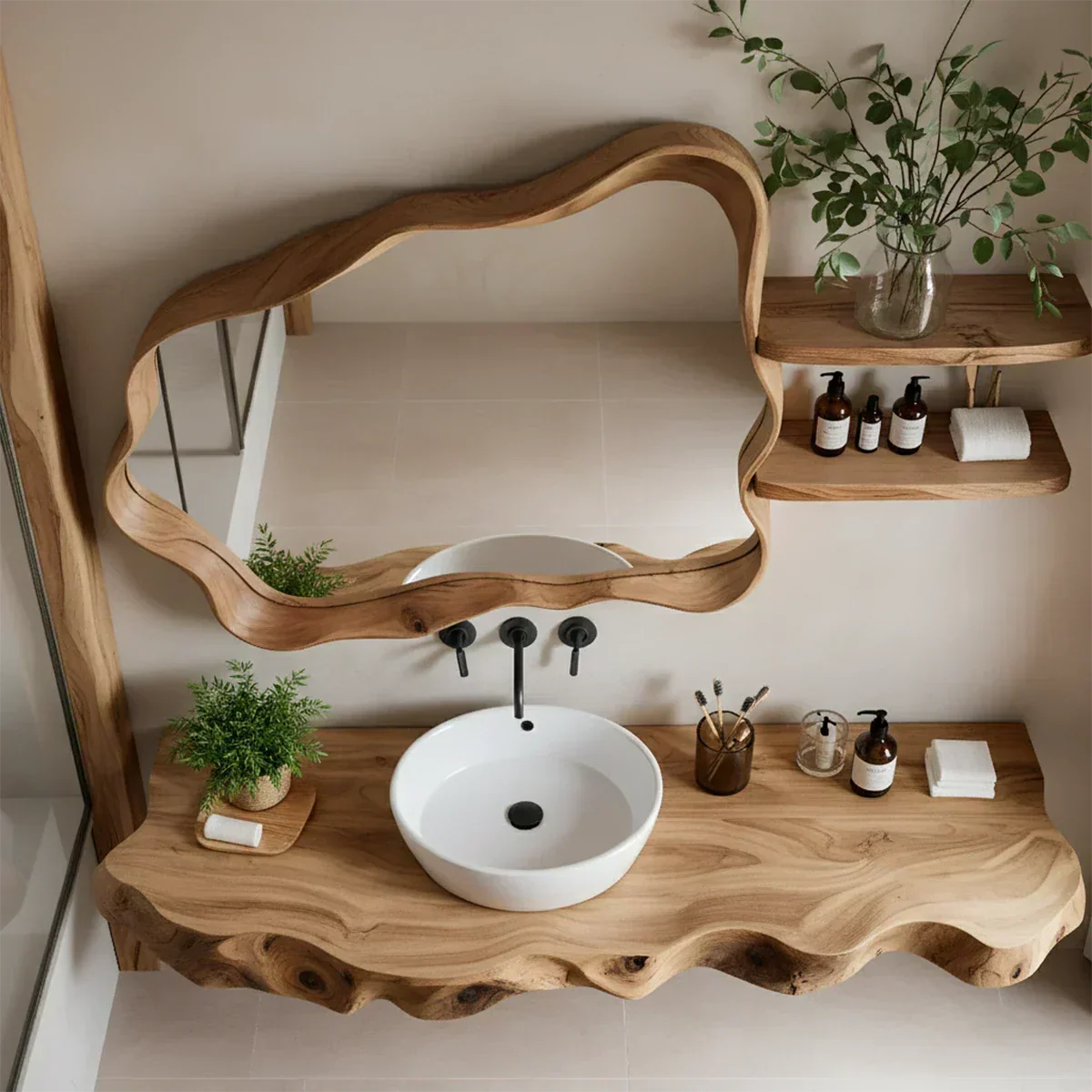 Live Edge Floating Wood Bathroom Vanity with Organic Mirror Frame - Rustira