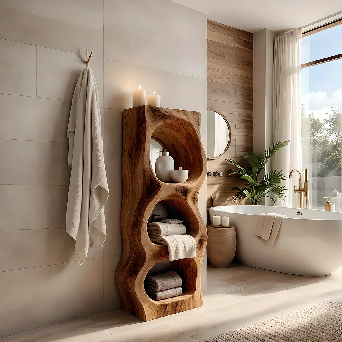 Live Edge Solid Wood Bathroom Storage Tower – Organic Carved Design - Rustira