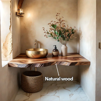Live Edge Solid Wood Bathroom Vanity Shelf – Custom Floating Slab - Rustira