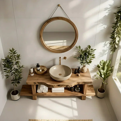 Live Edge Solid Wood Bathroom Vanity with Open Shelf – Handmade - Rustira
