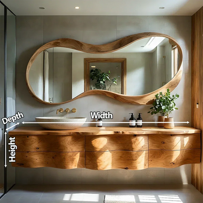 Live Edge Solid Wood Floating Vanity with Sculptural Mirror - Rustira