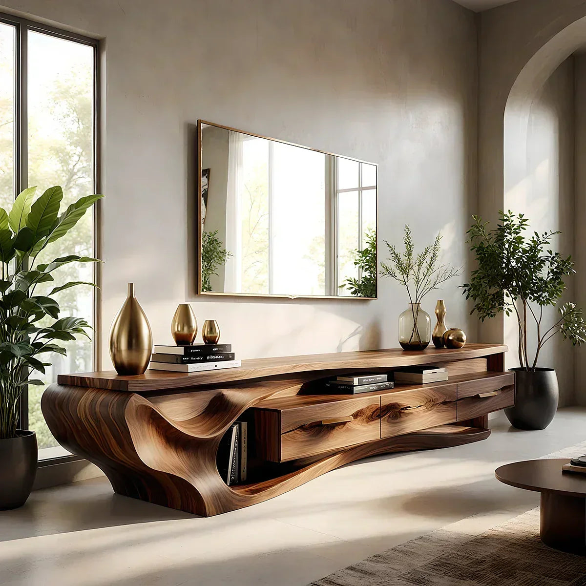 Luxury Wave-Carved Solid Wood TV Stand - Organic Modern Media Console - Rustira