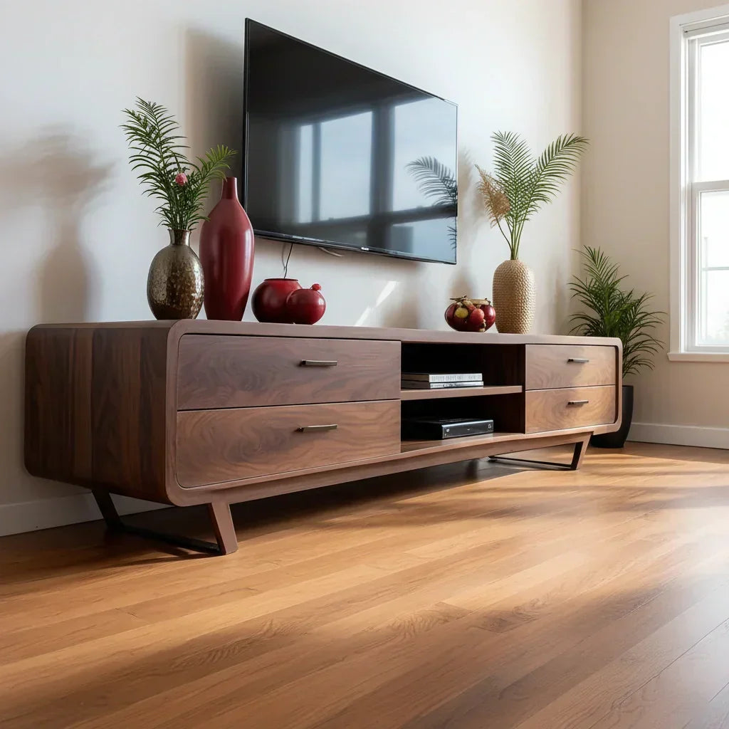 Mid-Century Modern Solid Walnut TV Stand with Rounded Corners - Rustira