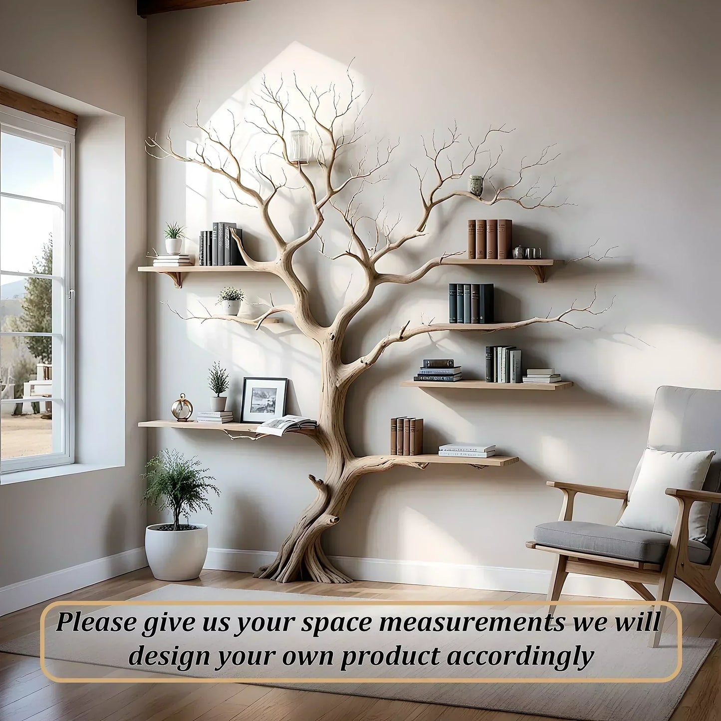 Tree shaped wall shelf, old wooden shelf. Decorative bookshelf 