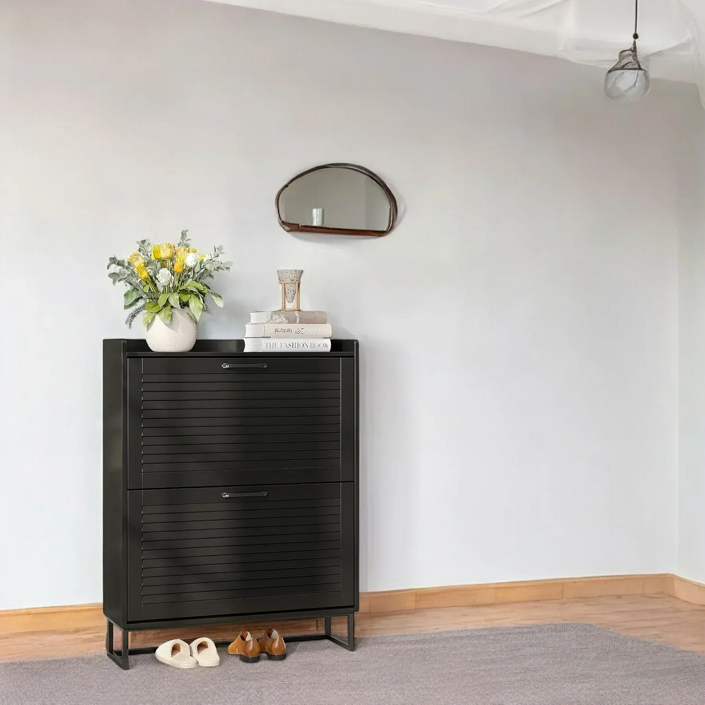Modern Black Double Flip-Drawer Shoe Cabinet with Metal Base 