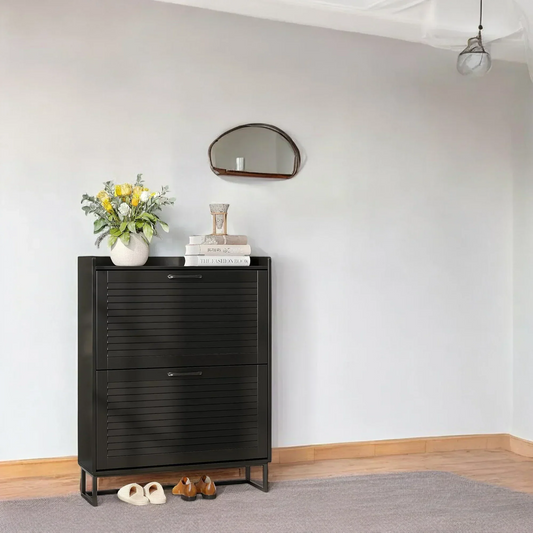 Modern Black Double Flip-Drawer Shoe Cabinet with Metal Base 
