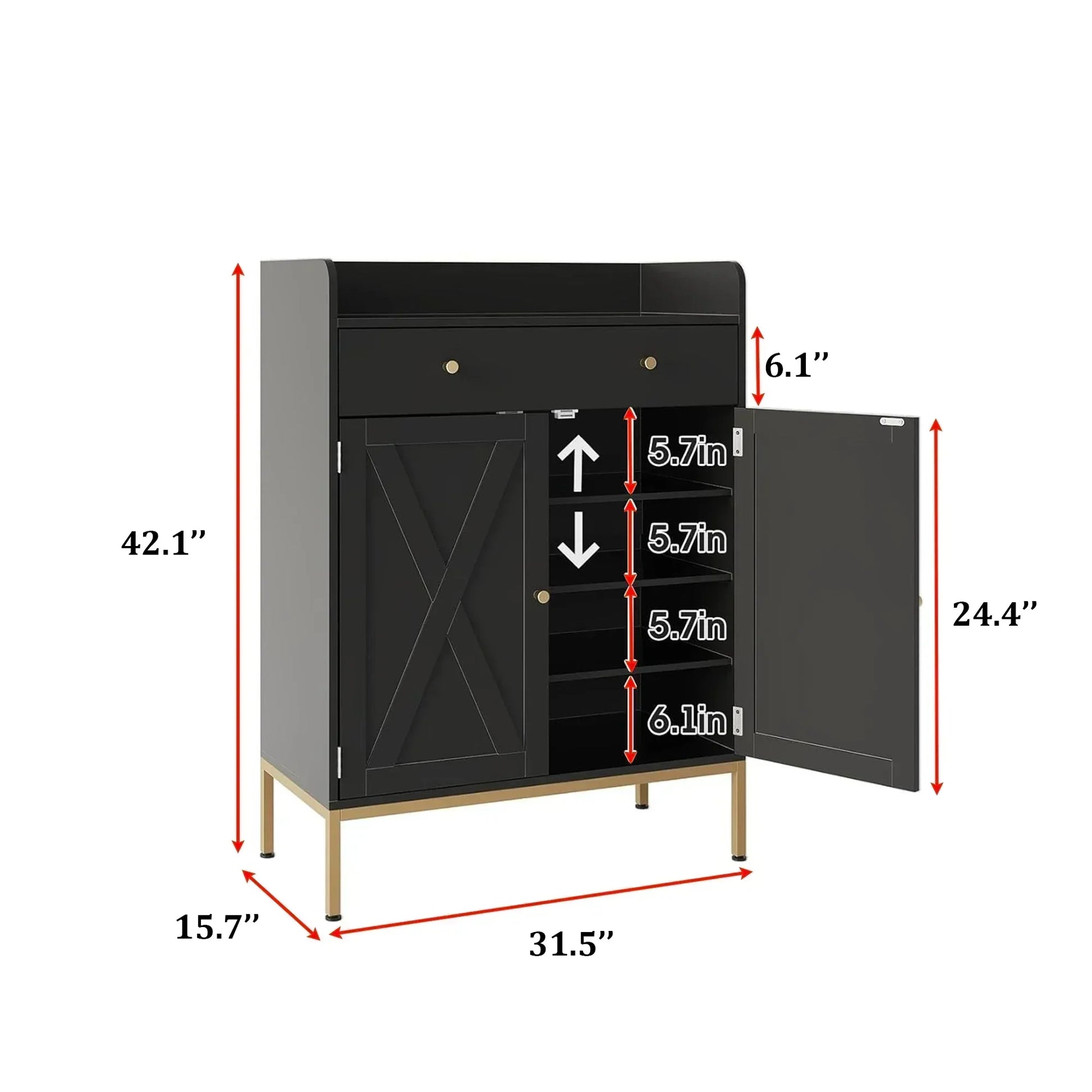 Modern Black Shoe Cabinet with Doors, Drawer & Gold Base 
