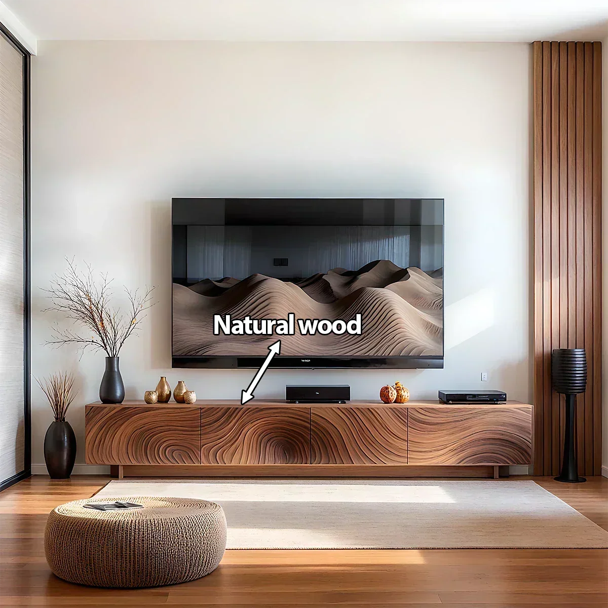 Modern Carved Wave Solid Wood TV Console – Luxury Organic Media Cabinet - Rustira