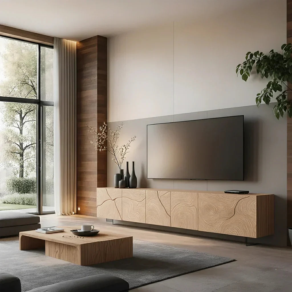 Modern Hand-Carved Solid Wood TV Console & Coffee Table Set – Organic Line Art - Rustira