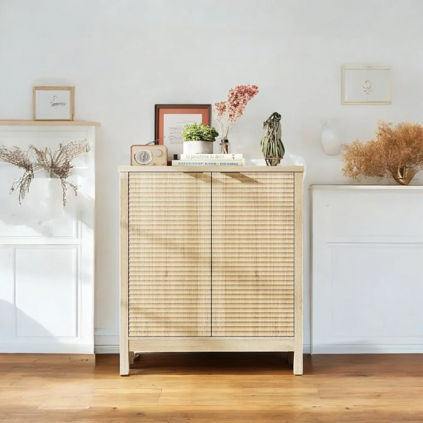 Modern Natural Wood Shoe Cabinet with Sliding Door – 6-Tier Storage 
