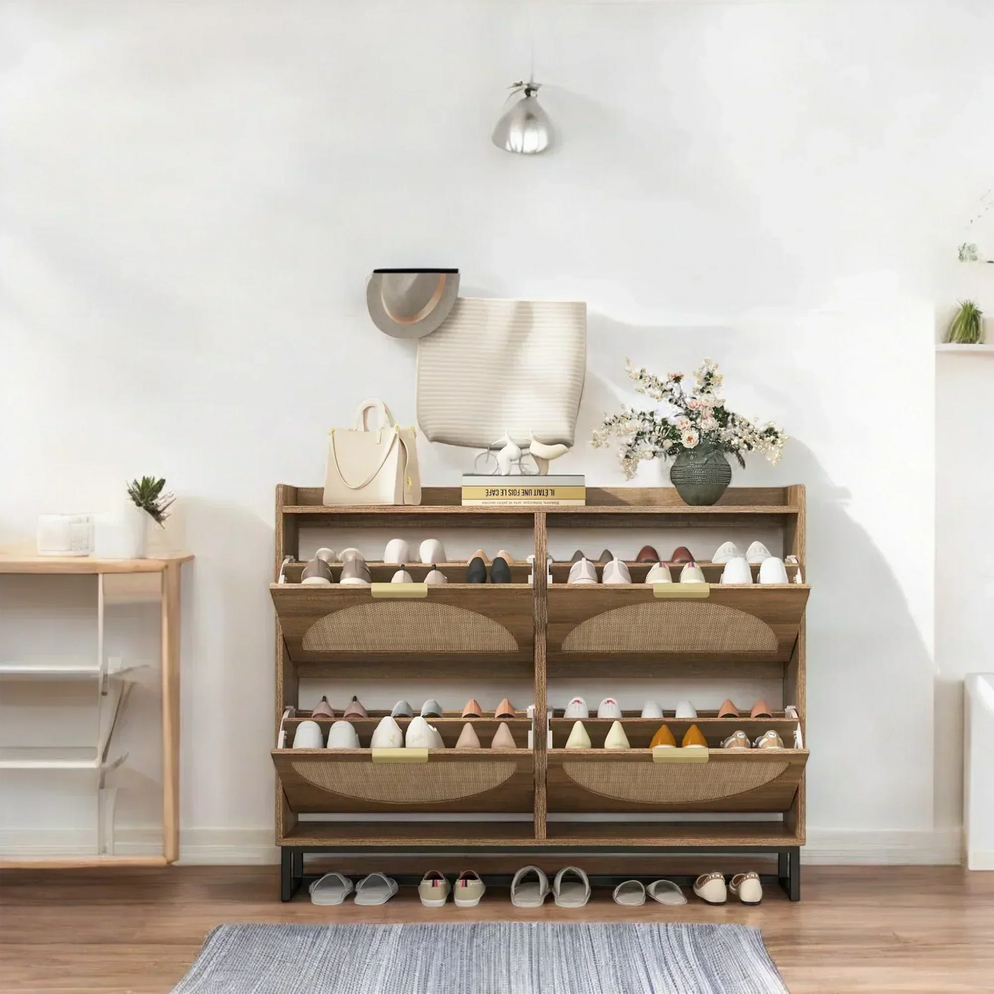 Modern Rattan-Style 4-Tier Shoe Cabinet with Slim Storage Design 