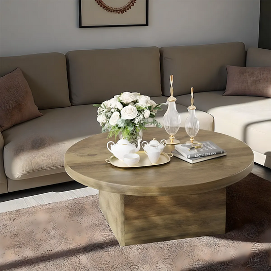 Modern Round Wooden Coffee Table – Nordic Design, Sturdy Box Legs 
