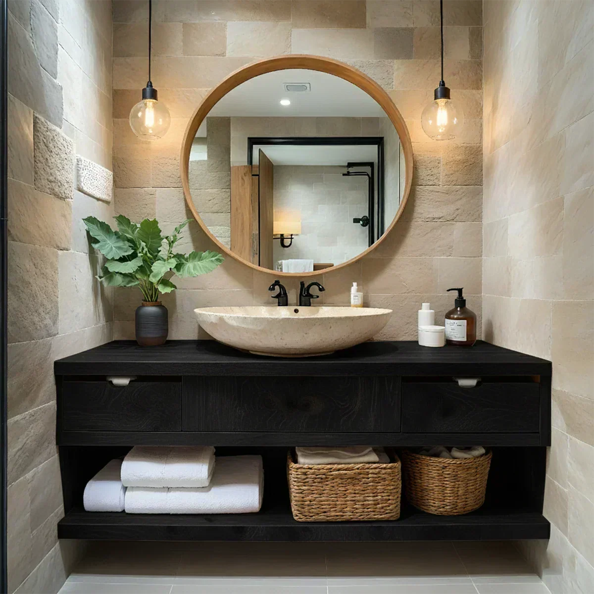 Modern Solid Wood Bathroom Vanity with Storage Shelf - Rustira