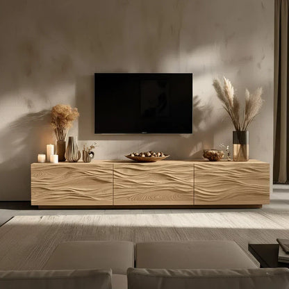 Modern Wavy Solid Wood TV Stand – Sculpted Minimalist Media Console - Rustira