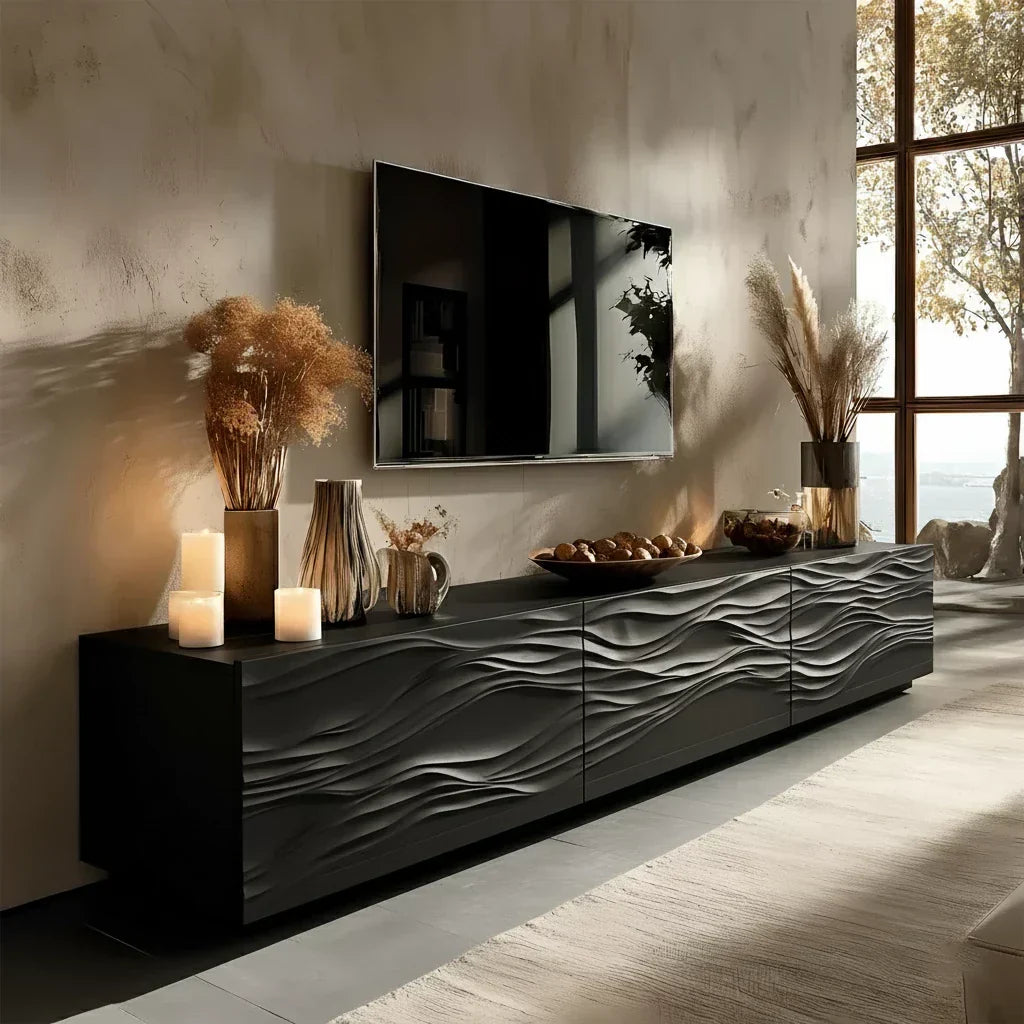 Modern Wavy Solid Wood TV Stand – Sculpted Minimalist Media Console - Rustira