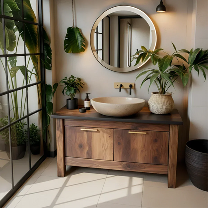 Natural Solid Wood Vanity with Brass Handles & Stone Basin - Rustira