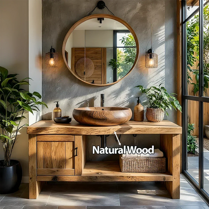 Natural Solid Wood Vanity with Door Cabinet & Open Shelf - Rustira