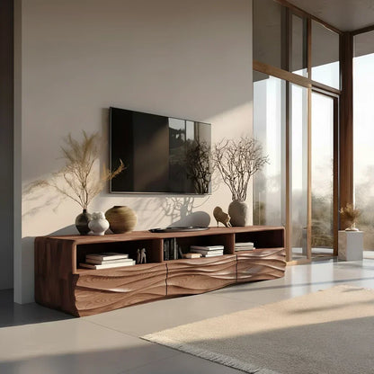 Oak Sculpted TV Stand with Open Shelves – Japandi Media Console - Rustira
