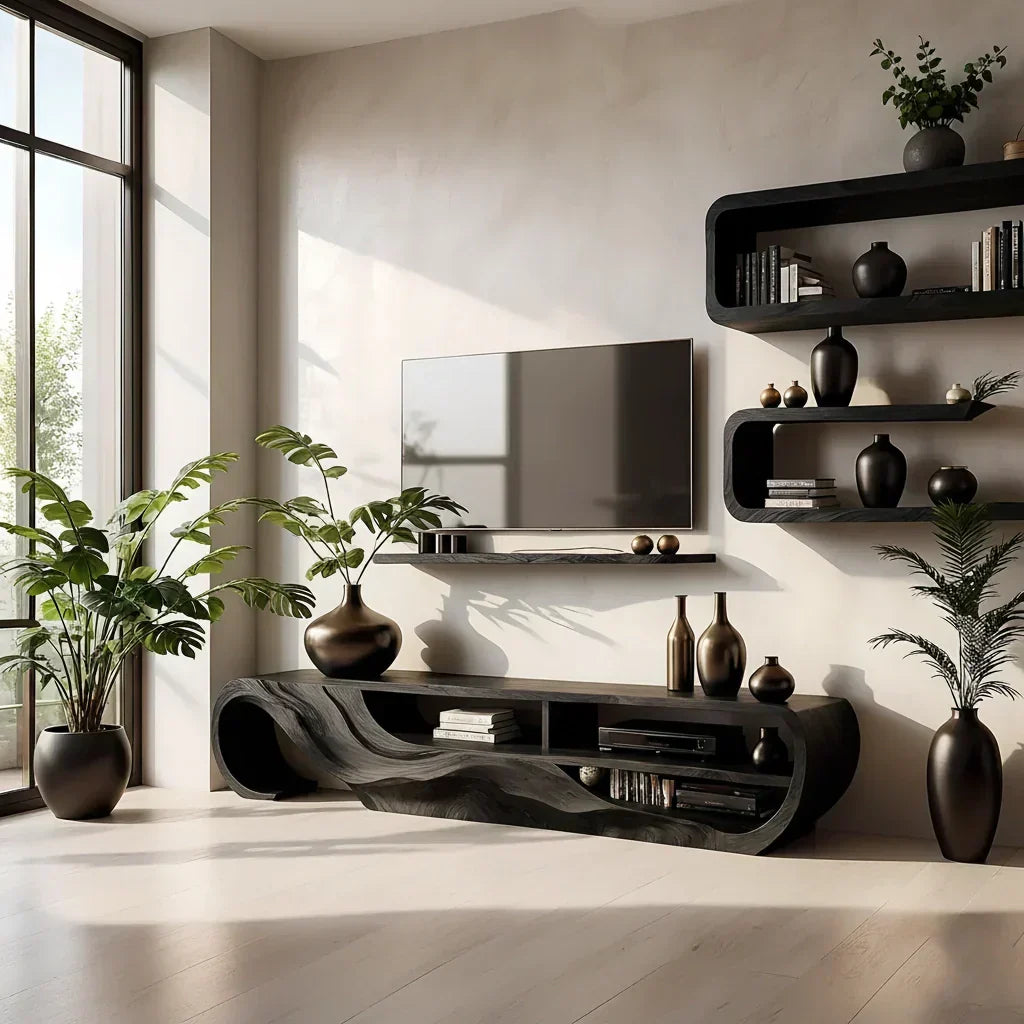 Organic Sculpted Solid Walnut TV Stand - Curved Modern Media Console - Rustira