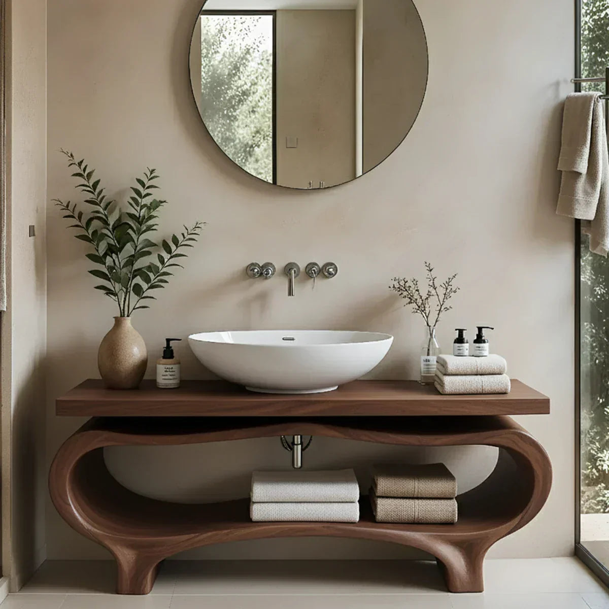 Organic Wave Solid Wood Vanity – Sculpted Open Shelf Spa Console - Rustira