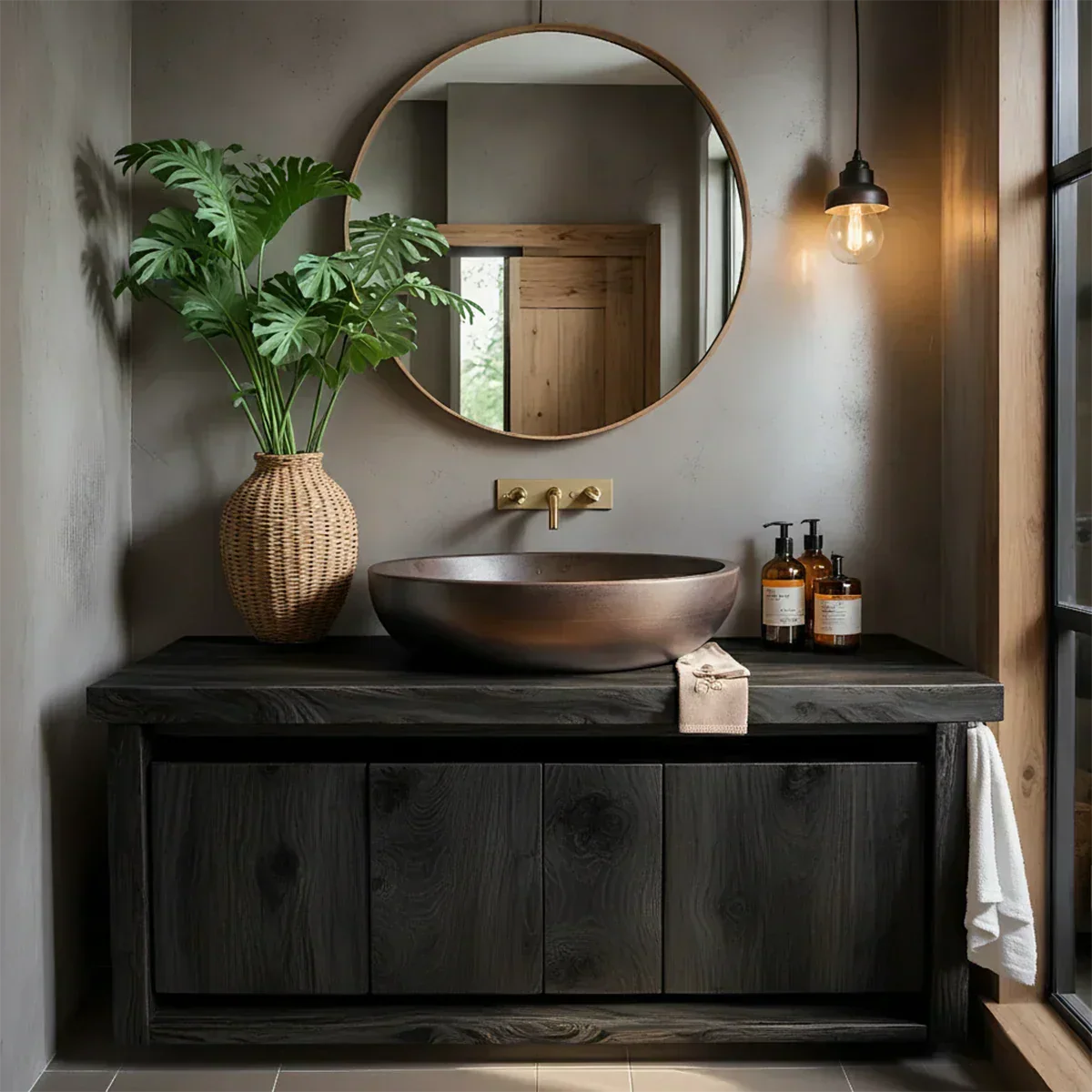 Rustic Natural Solid Wood Vanity with Bold Grain Doors - Rustira