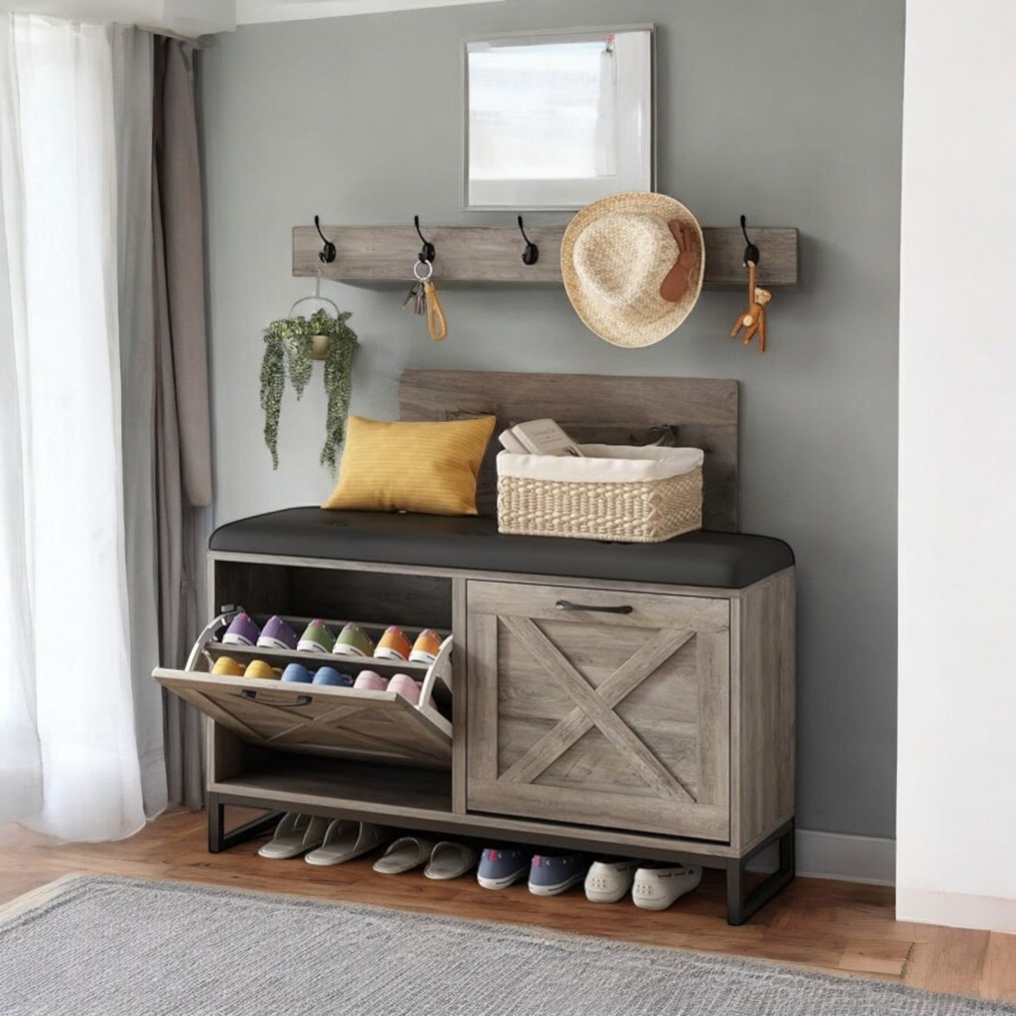 Rustic Shoe Storage Bench with Cushion & Coat Rack – 2 Flip Drawers 