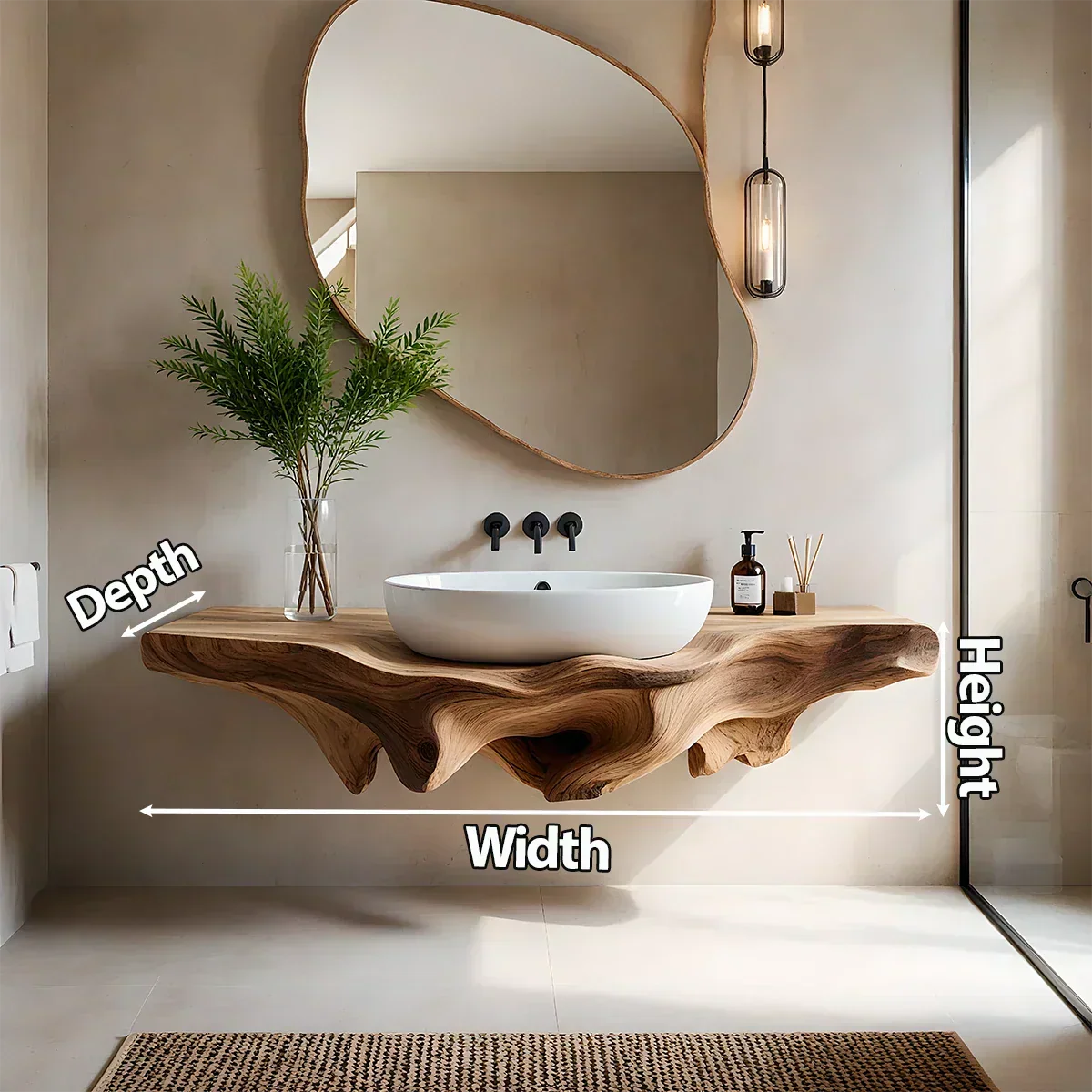 Sculpted Live Edge Floating Wood Bathroom Vanity Shelf - Rustira