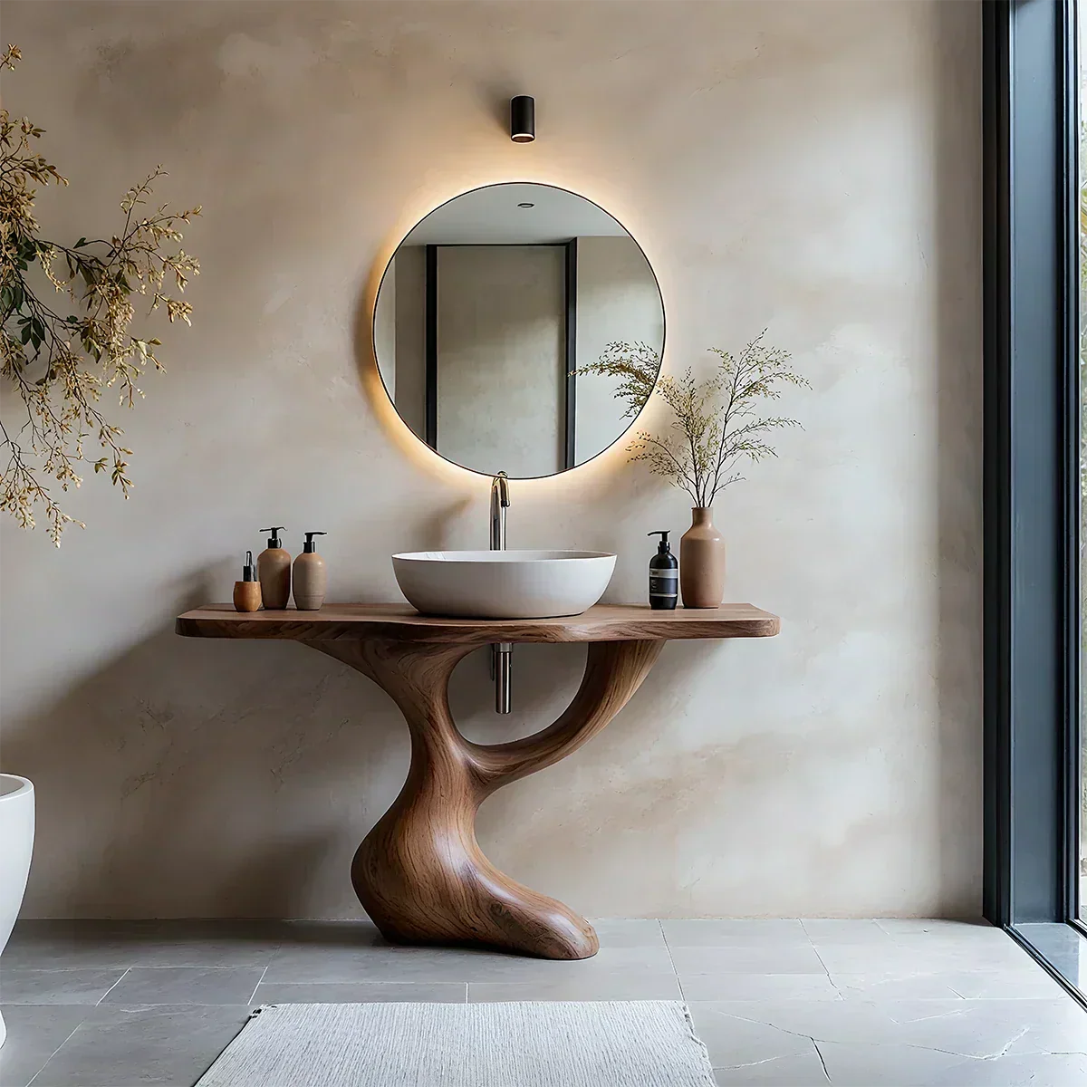 Sculptural Pedestal Wood Vanity – Organic Modern Bathroom Sink Table - Rustira
