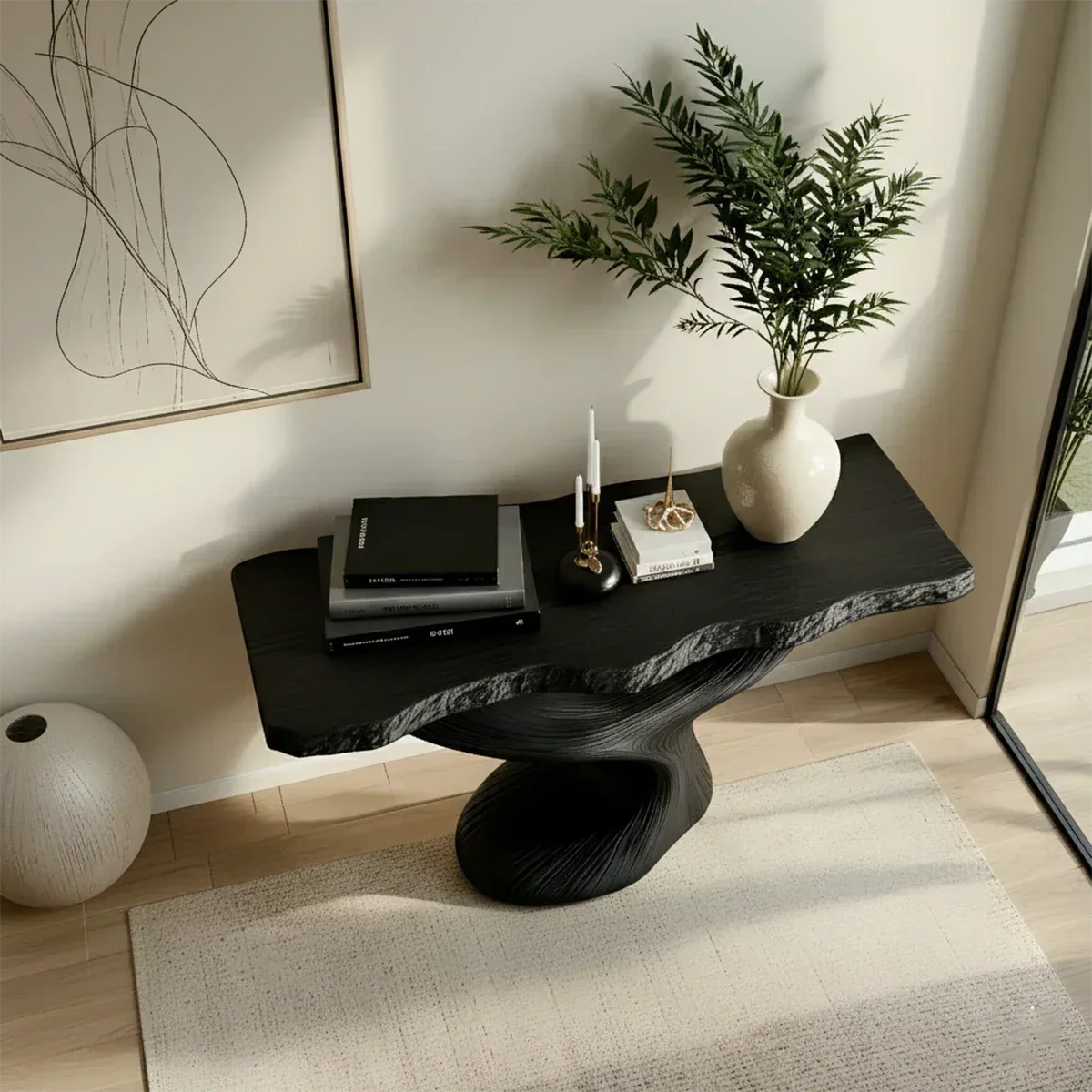 Sculptural Solid Wood Console — Modern Art Entry Table - Rustira