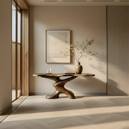 Sculptural Solid Wood Console Table — Organic Japandi Entryway Art Piece - Rustira
