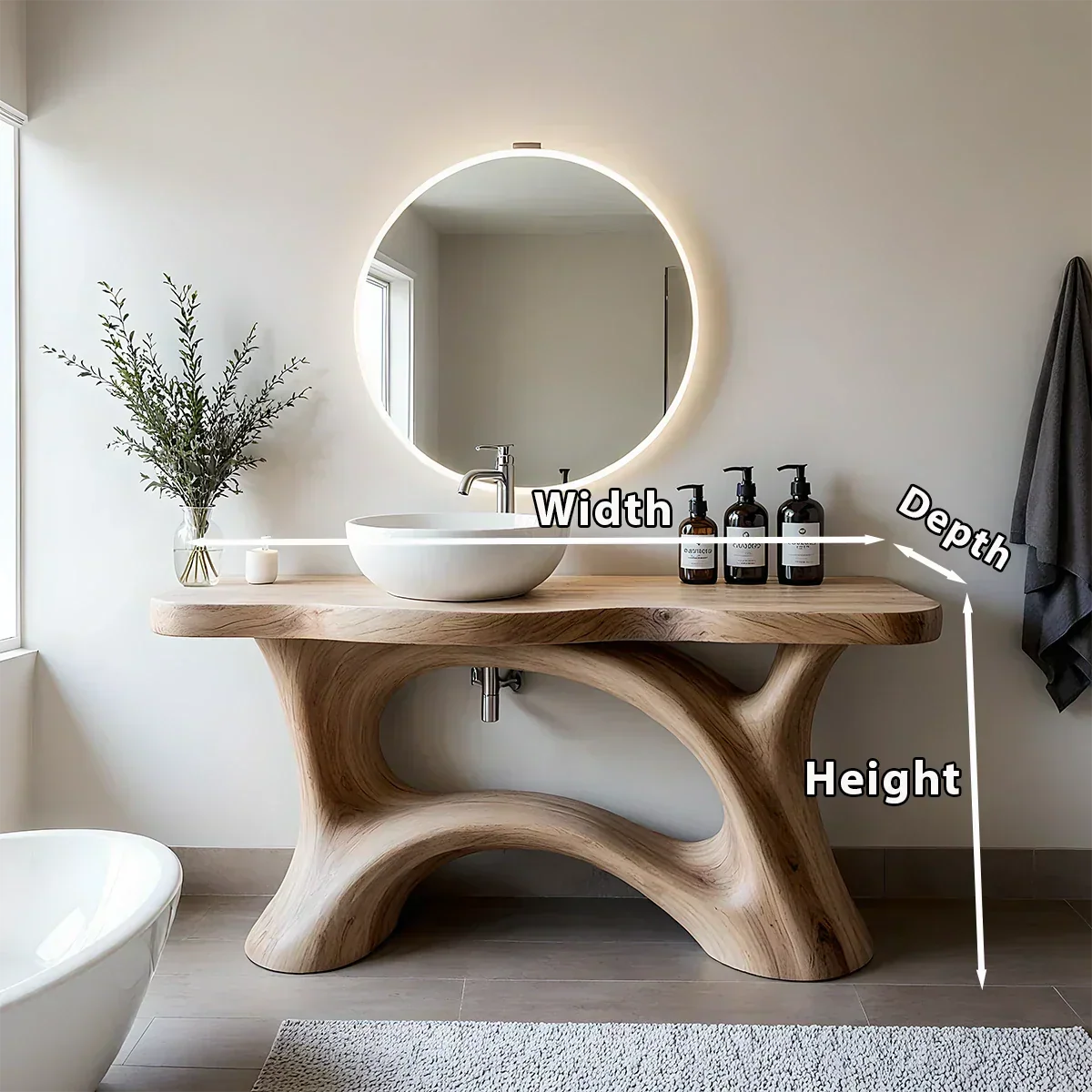 Sculptural Solid Wood Vanity with Organic Arched Base - Rustira