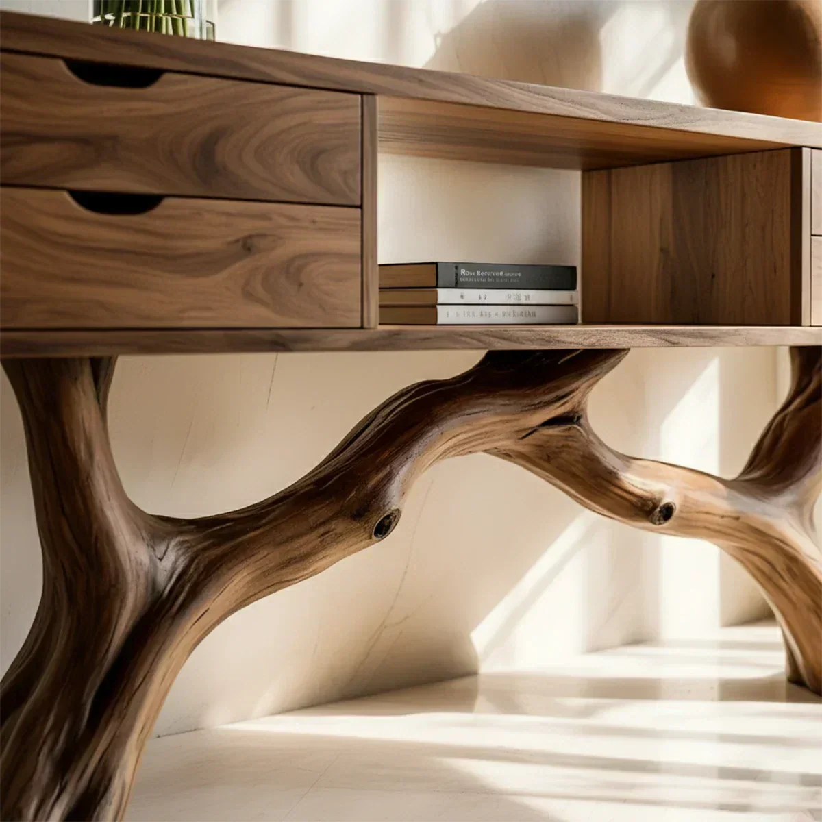 Solid Wood Console Table with Branch-Form Base & Storage Drawers - Rustira