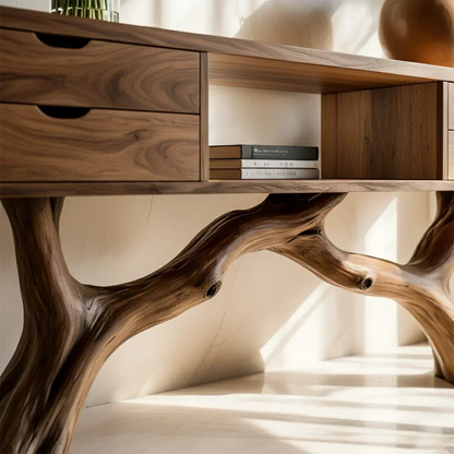 Solid Wood Console Table with Branch-Form Base & Storage Drawers - Rustira