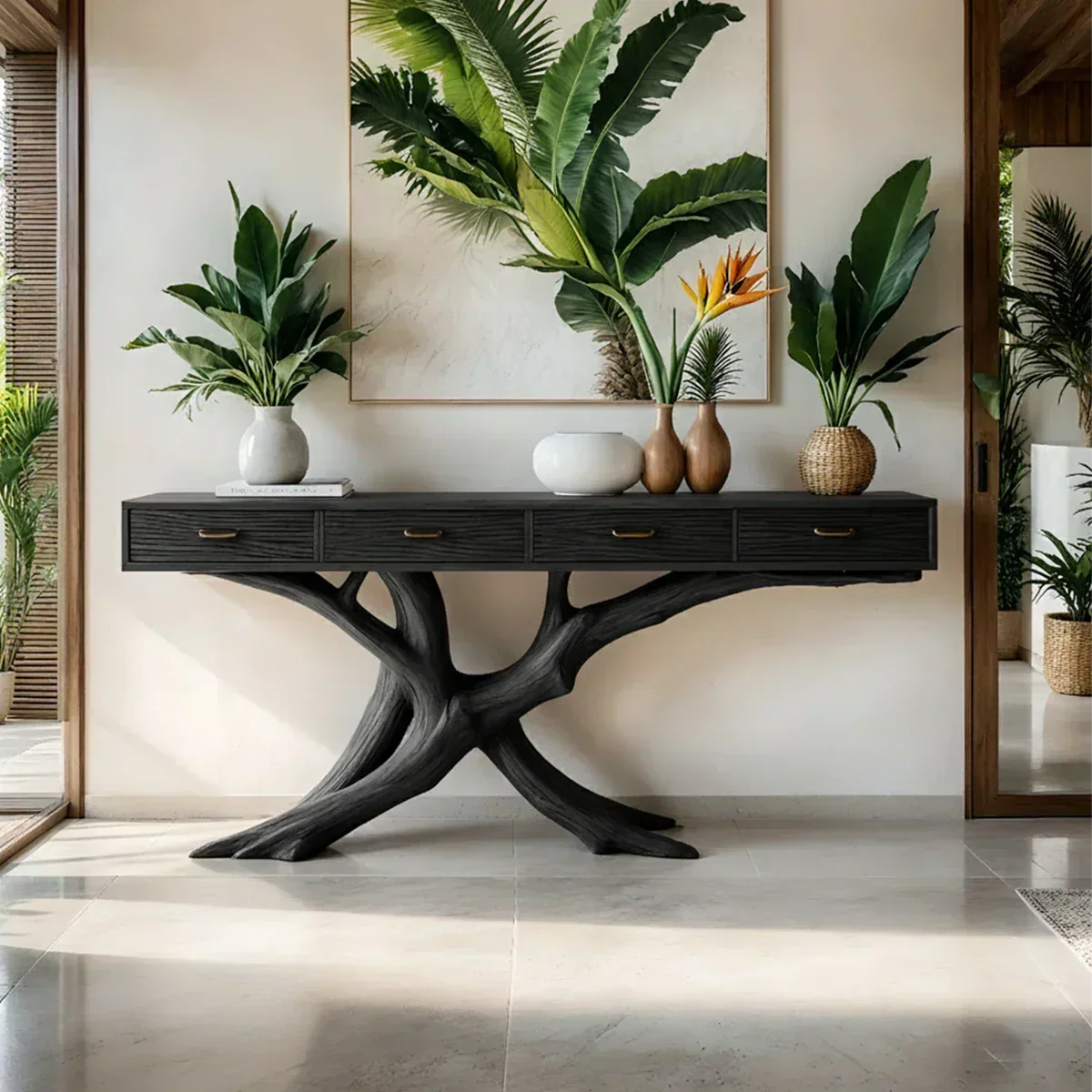 Solid Wood Console Table with Branch-Inspired Sculptural Base & Drawers - Rustira