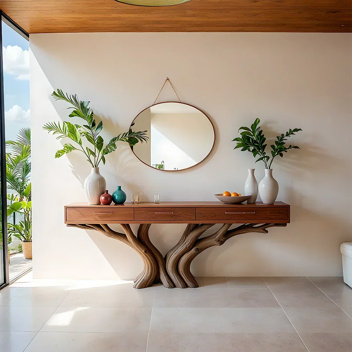 Solid Wood Console Table with Double Tree-Root Sculptural Base & Drawers - Rustira