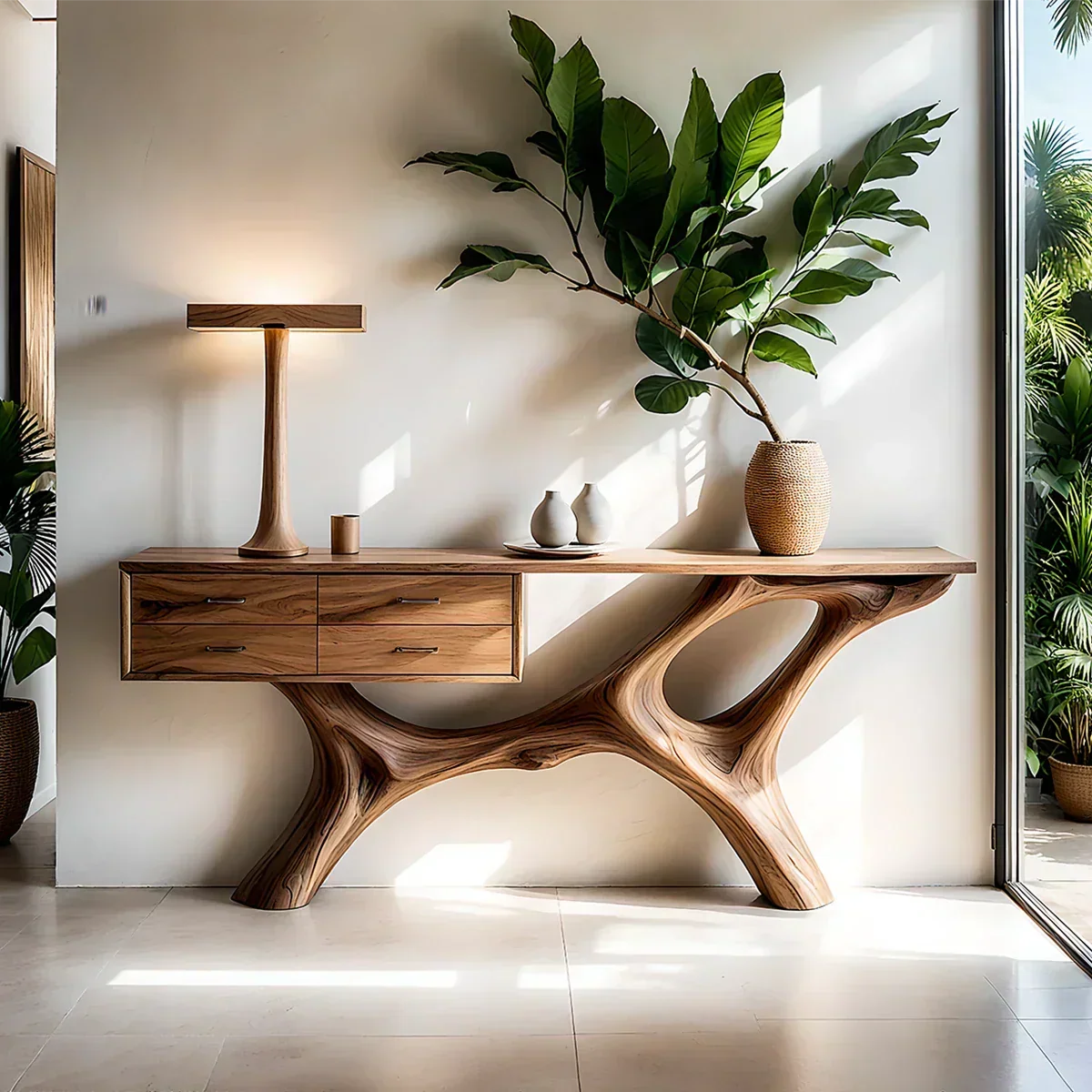 Solid Wood Console Table with Fluid Sculptural Base & Drawers - Rustira