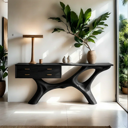 Solid Wood Console Table with Fluid Sculptural Base & Drawers - Rustira