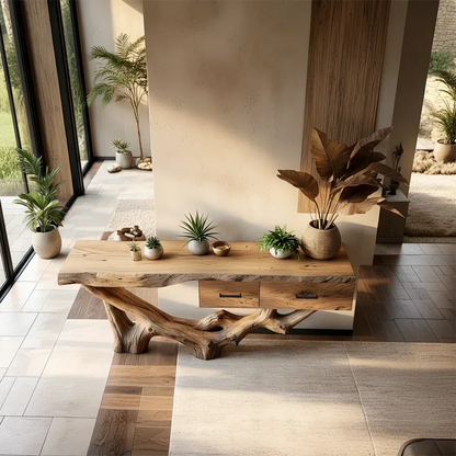 Solid Wood Console Table with Raw-Edge Top & Sculpted Root-Form Base - Rustira