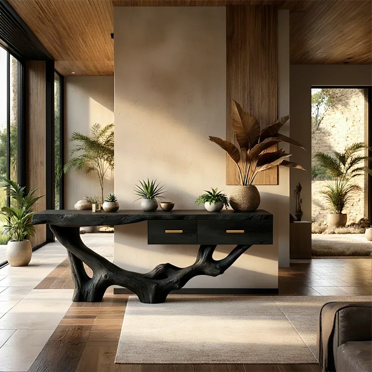 Solid Wood Console Table with Raw-Edge Top & Sculpted Root-Form Base - Rustira